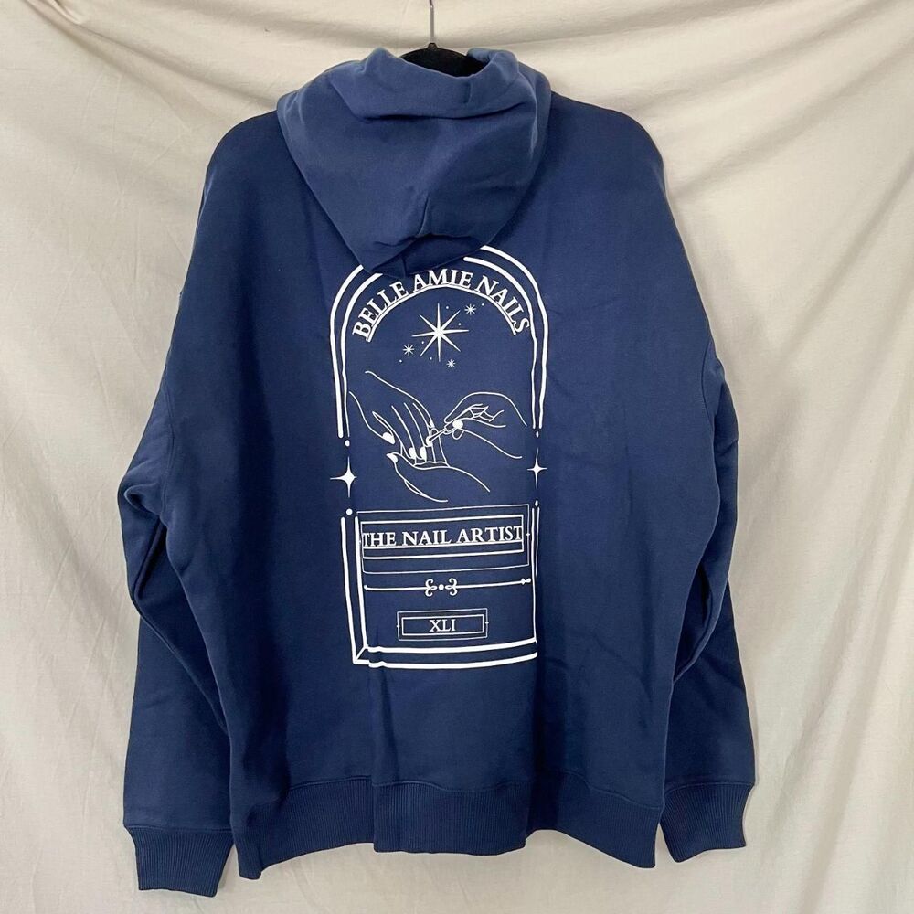 New Navy Blue "Belle Amie Nails: The Nail Artist" Graphic Hoodie Sweatshirt L